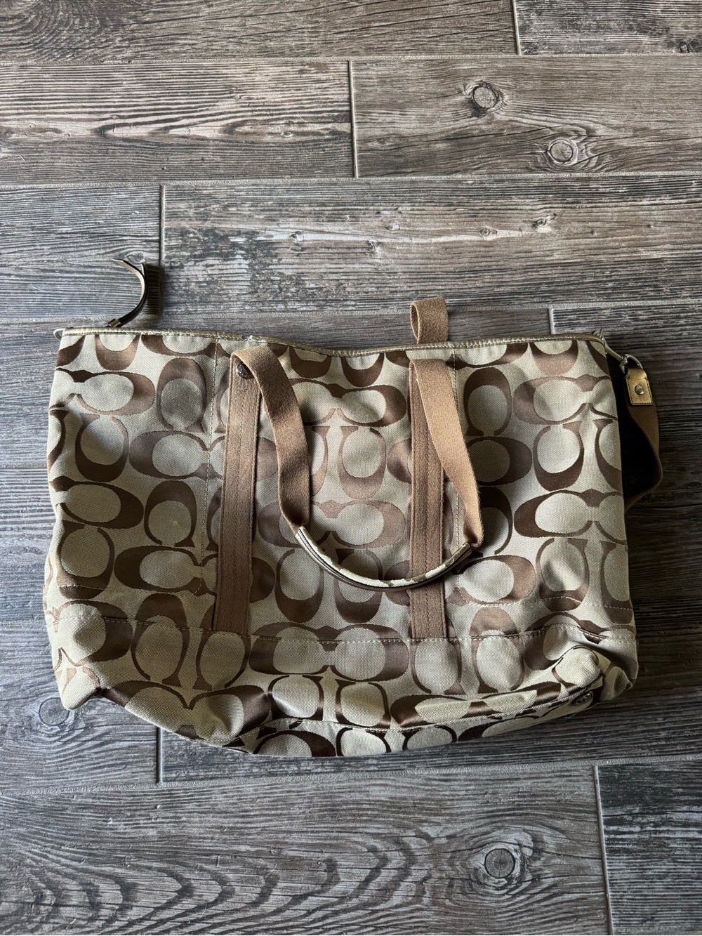 Coach Tan and Brown Signature Canvas Travel Tote